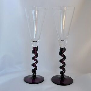 Vintage Set of 2 Hand Blown Champagne Flute Purple Swirl Stem 10.75” Tall Nice!!